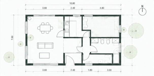 Illustrativer Architekturgrundriss mit Räumen, Türen und Maßlinien. Kein Ausführungsplan.