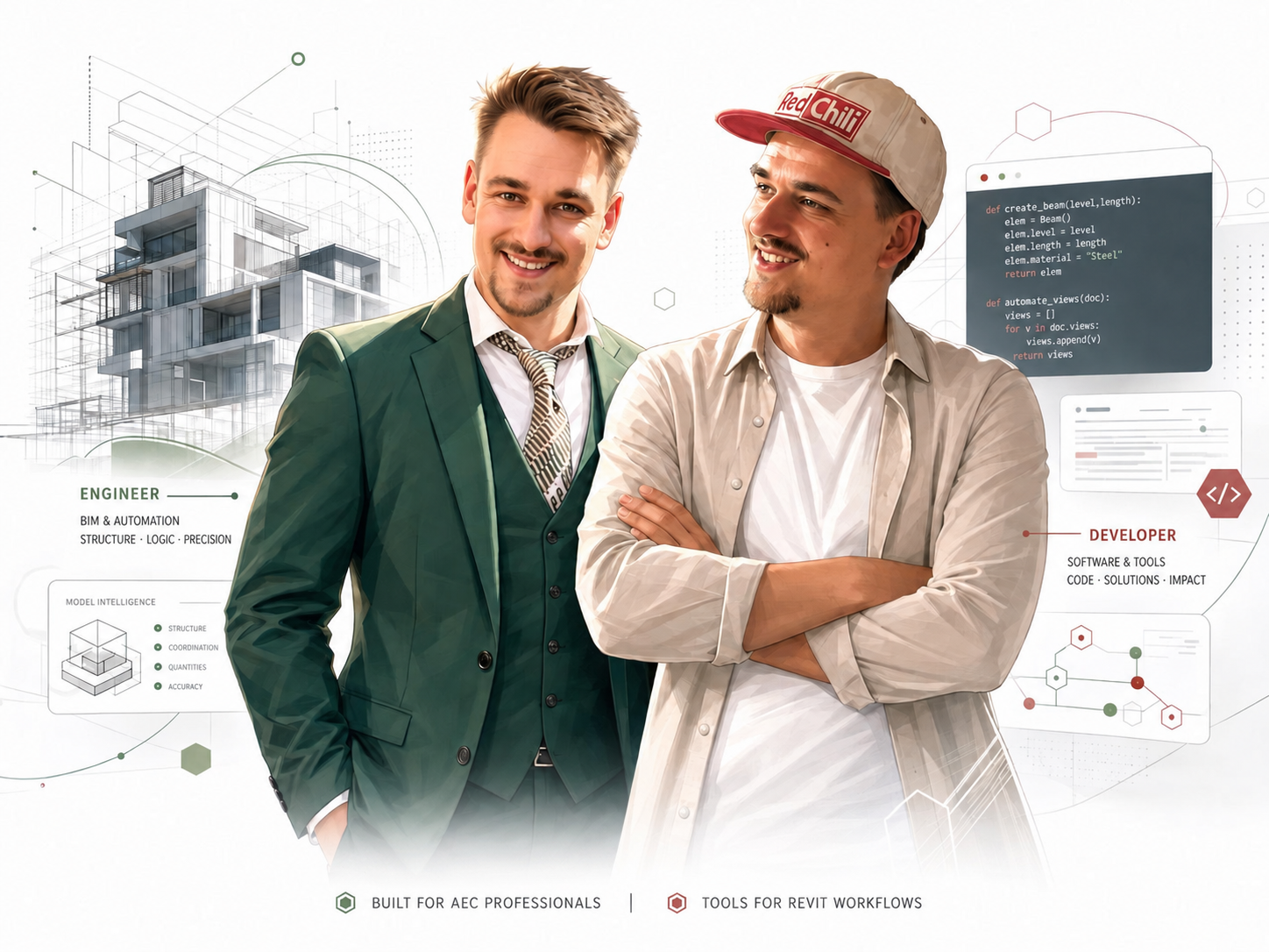 Persönliche Illustration mit zwei Darstellungen vor Architekturzeichnungen und einer Softwareansicht.