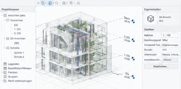 Illustrative, Revit-ähnliche Softwareansicht mit einem 3D-Gebäudemodell und Gebäudetechnik. Kein Original-Screenshot.